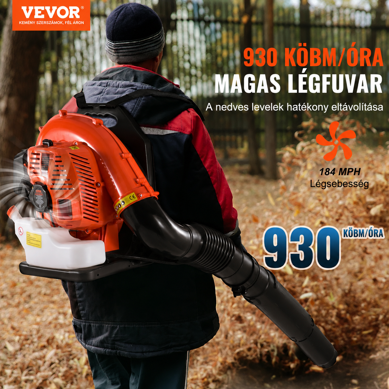 A VEVOR háti lombfúvó 79 köbcentis kétütemű benzinmotorral, 3 literes üzemanyagtartállyal, 930 CFM légáramlással és 184 MPH szélsebességgel ideális gyepápoláshoz, levéleltávolításhoz és hóeltakarításhoz.