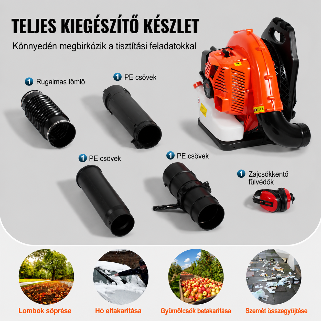 A VEVOR háti lombfúvó 79 köbcentis kétütemű benzinmotorral, 3 literes üzemanyagtartállyal, 930 CFM légáramlással és 184 MPH szélsebességgel ideális gyepápoláshoz, levéleltávolításhoz és hóeltakarításhoz.