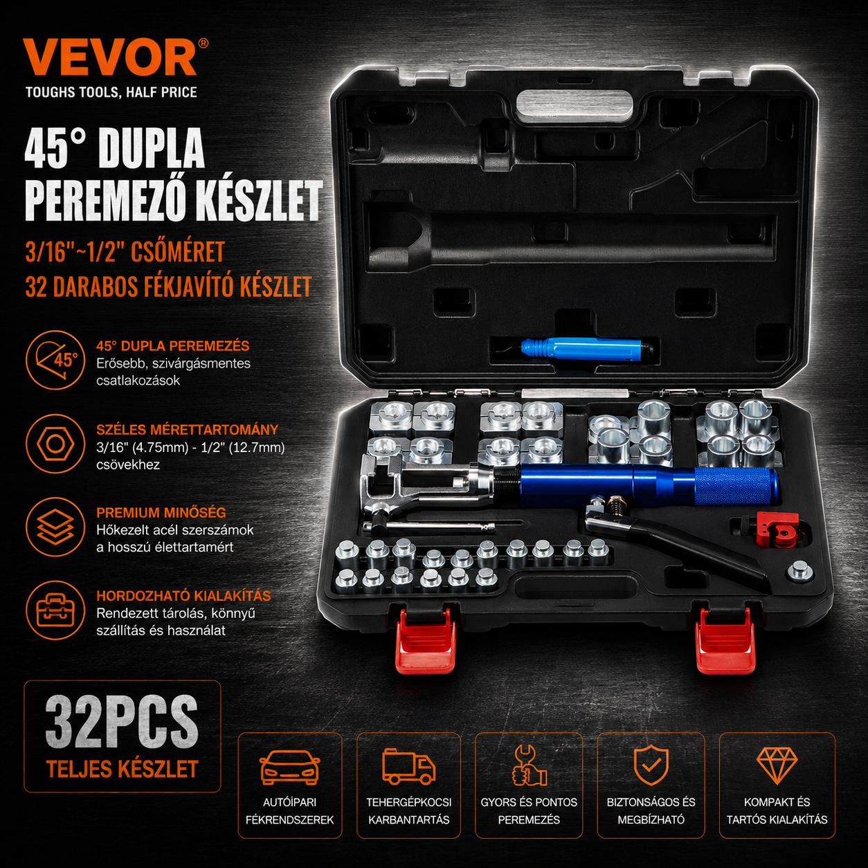 VEVOR Hidraulikus peremező szerszámkészlet, 45°-os dupla peremező szerszám, fékjavító peremező szerszám (3/16"-1/2" csőátmérőhöz), csővágóval és sorjázóval, 32 darabos rézcső peremező szerszámkészlet.