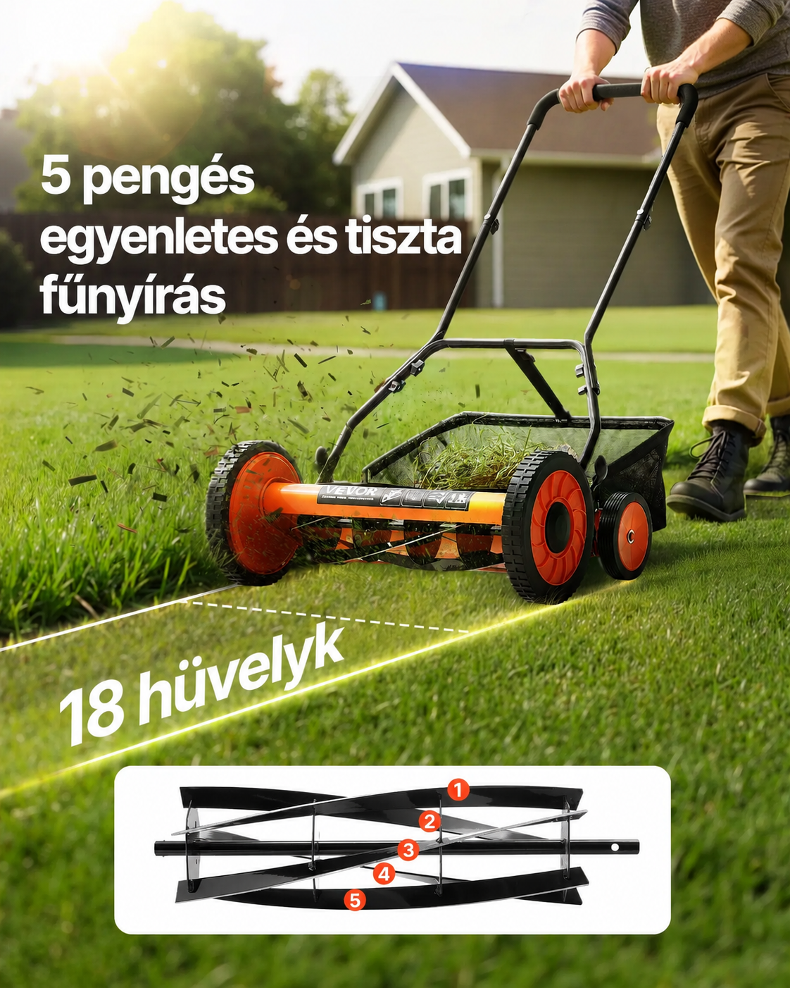 VEVOR kézi tekercses fűnyíró, 18 hüvelyk (45,72 cm), 5 pengés motor nélküli kézi fűnyíró, állítható vágási magasság 3,48–6,20 cm között, tolható fűnyíró fűgyűjtő zsákkal zöld pázsitokhoz, feljárókhoz és udvarokhoz