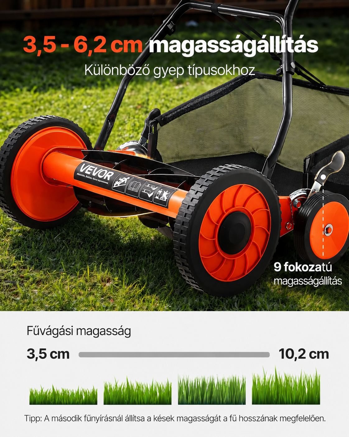 VEVOR kézi tekercses fűnyíró, 18 hüvelyk (45,72 cm), 5 pengés motor nélküli kézi fűnyíró, állítható vágási magasság 3,48–6,20 cm között, tolható fűnyíró fűgyűjtő zsákkal zöld pázsitokhoz, feljárókhoz és udvarokhoz