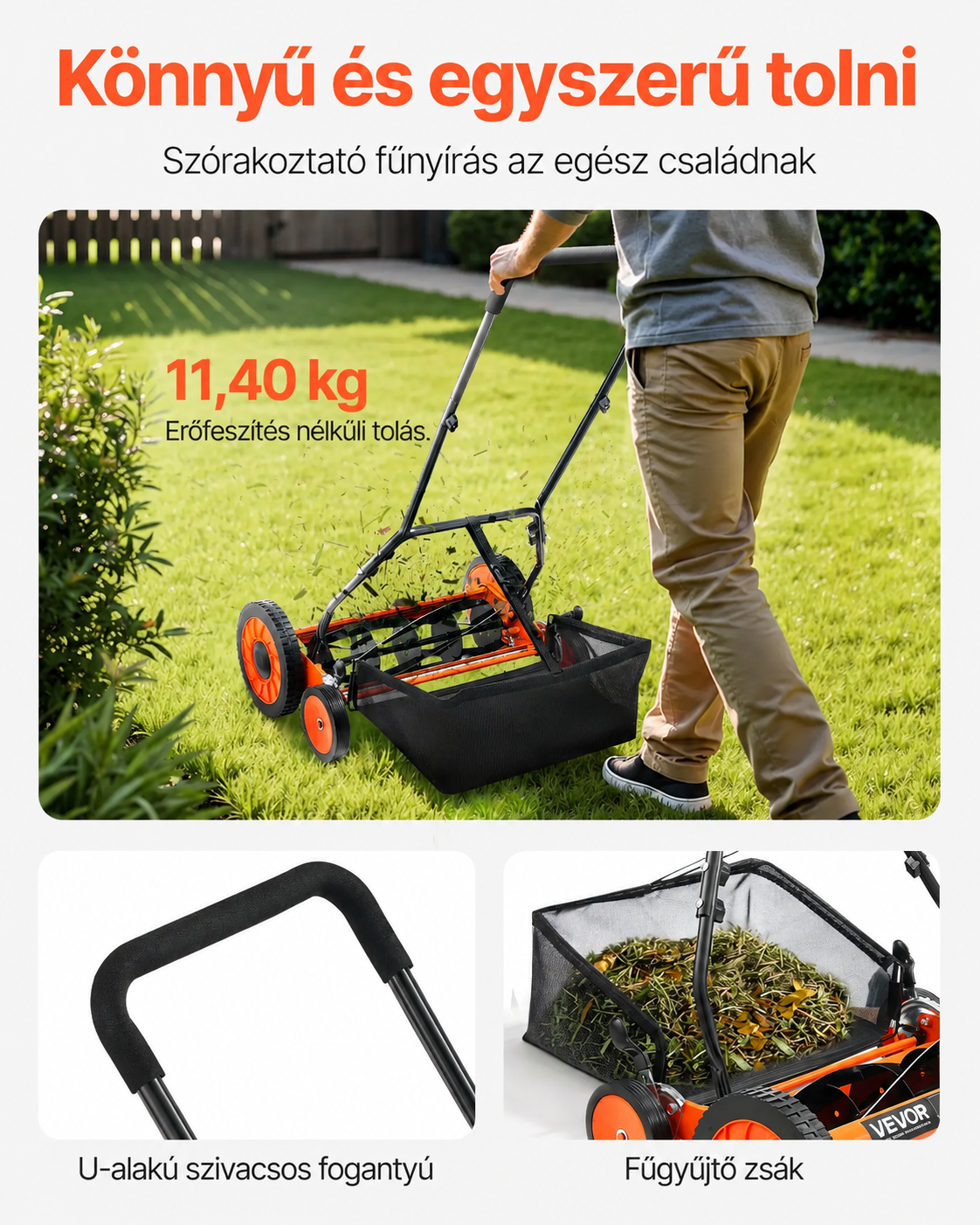 VEVOR kézi tekercses fűnyíró, 18 hüvelyk (45,72 cm), 5 pengés motor nélküli kézi fűnyíró, állítható vágási magasság 3,48–6,20 cm között, tolható fűnyíró fűgyűjtő zsákkal zöld pázsitokhoz, feljárókhoz és udvarokhoz