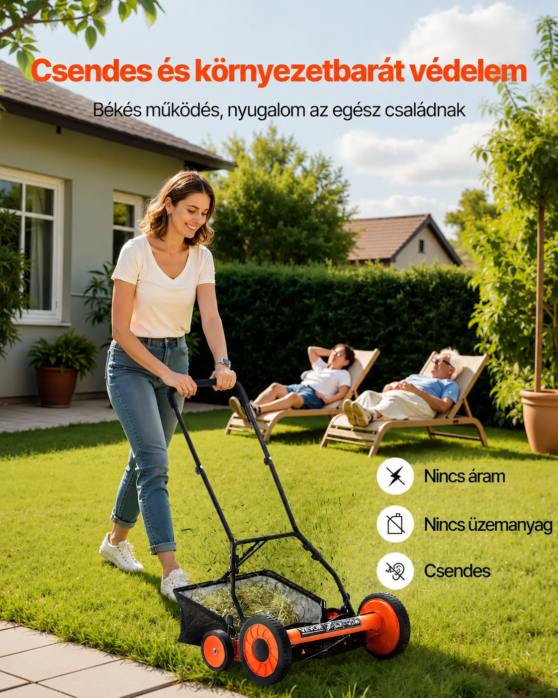 VEVOR kézi tekercses fűnyíró, 18 hüvelyk (45,72 cm), 5 pengés motor nélküli kézi fűnyíró, állítható vágási magasság 3,48–6,20 cm között, tolható fűnyíró fűgyűjtő zsákkal zöld pázsitokhoz, feljárókhoz és udvarokhoz