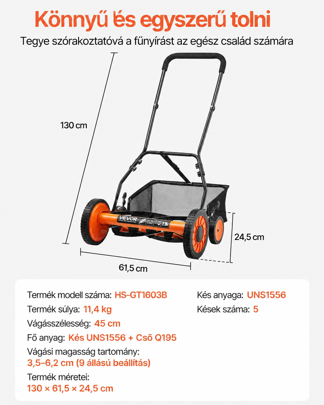 VEVOR kézi tekercses fűnyíró, 18 hüvelyk (45,72 cm), 5 pengés motor nélküli kézi fűnyíró, állítható vágási magasság 3,48–6,20 cm között, tolható fűnyíró fűgyűjtő zsákkal zöld pázsitokhoz, feljárókhoz és udvarokhoz