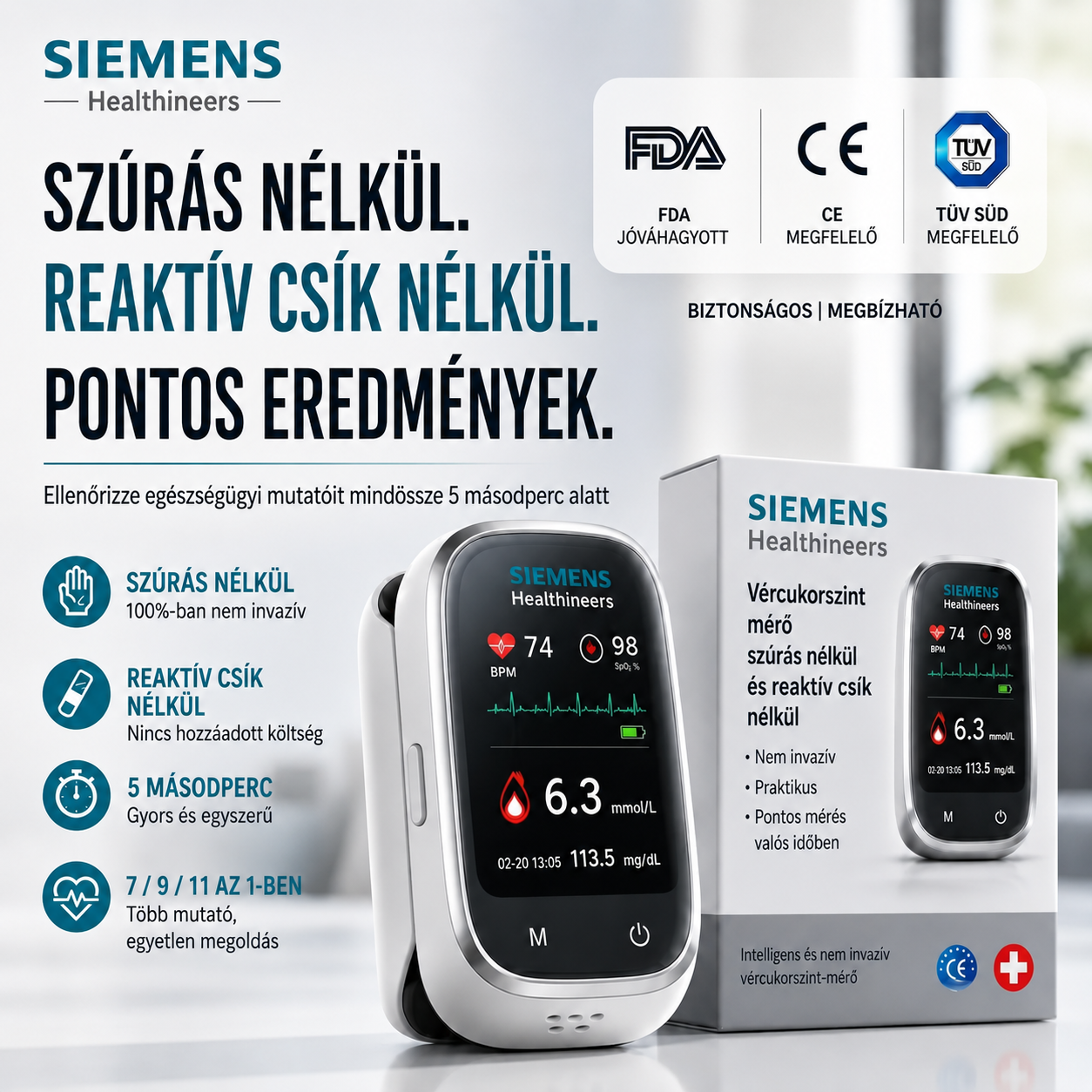 🩸 Siemens™ 11 az 1-ben tű nélküli vércukormérő • Szúrás nélkül • Tesztcsíkok nélkül • Eredmény mindössze 5 másodperc alatt