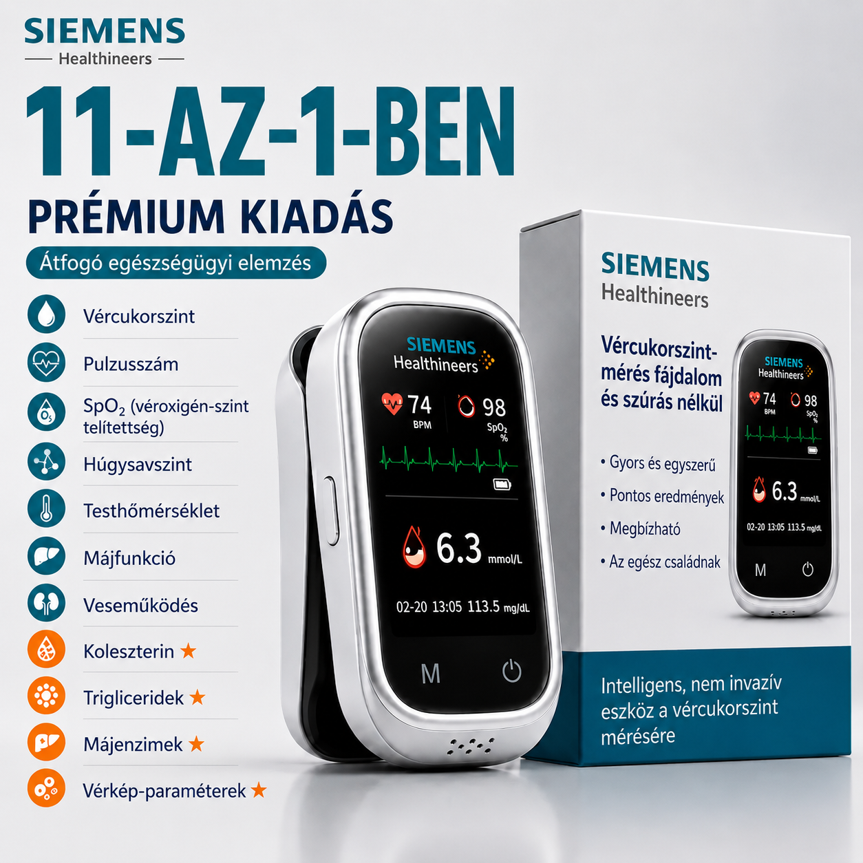 🩸 Siemens™ 11 az 1-ben tű nélküli vércukormérő • Szúrás nélkül • Tesztcsíkok nélkül • Eredmény mindössze 5 másodperc alatt