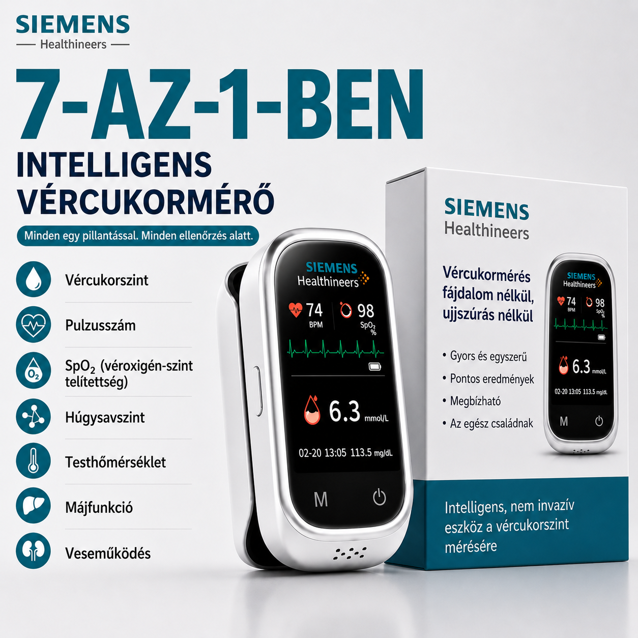 🩸 Siemens™ 11 az 1-ben tű nélküli vércukormérő • Szúrás nélkül • Tesztcsíkok nélkül • Eredmény mindössze 5 másodperc alatt
