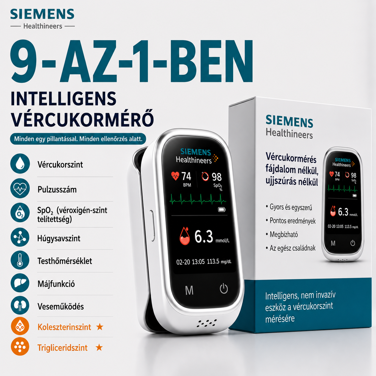 🩸 Siemens™ 11 az 1-ben tű nélküli vércukormérő • Szúrás nélkül • Tesztcsíkok nélkül • Eredmény mindössze 5 másodperc alatt