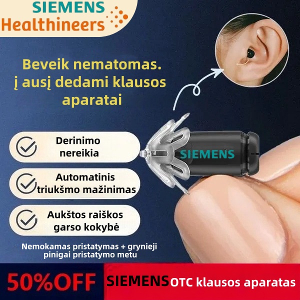 Siemens EARGO 7 OTC klausos aparatas – beveik nematomas CIC, įkraunamas, prisitaikantis, patvirtintas FDA.