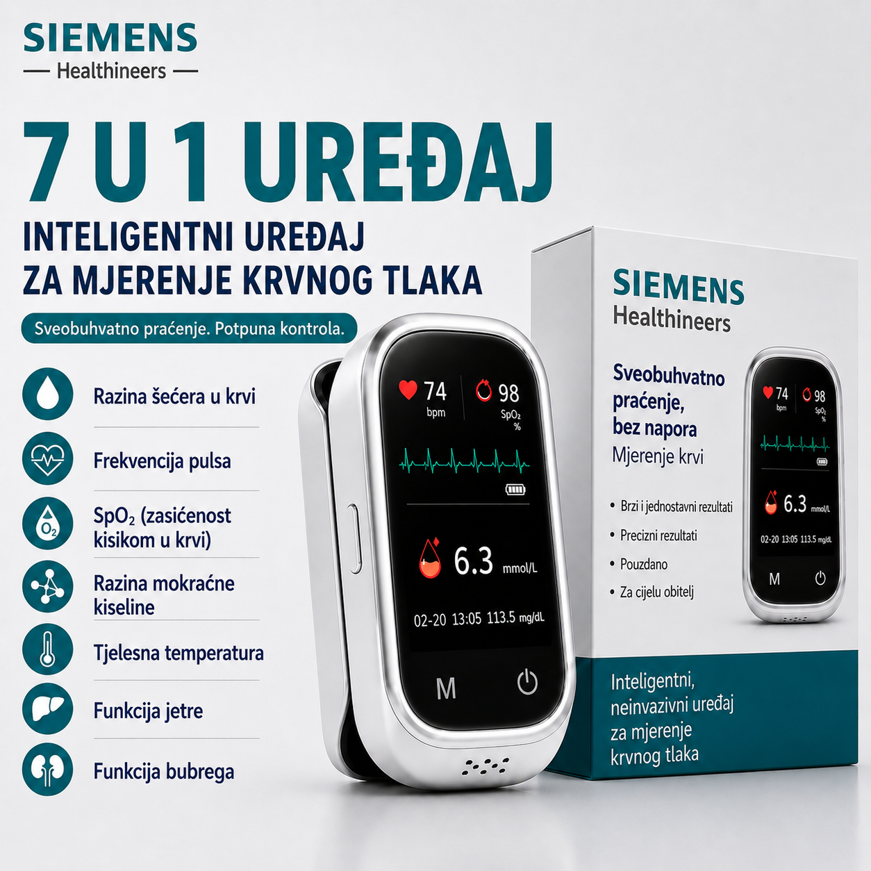 🩸 Siemens™ 11 u 1 mjerač glukoze u krvi bez uboda Bez uboda • Bez test traka • Rezultati za samo 5 sekundi