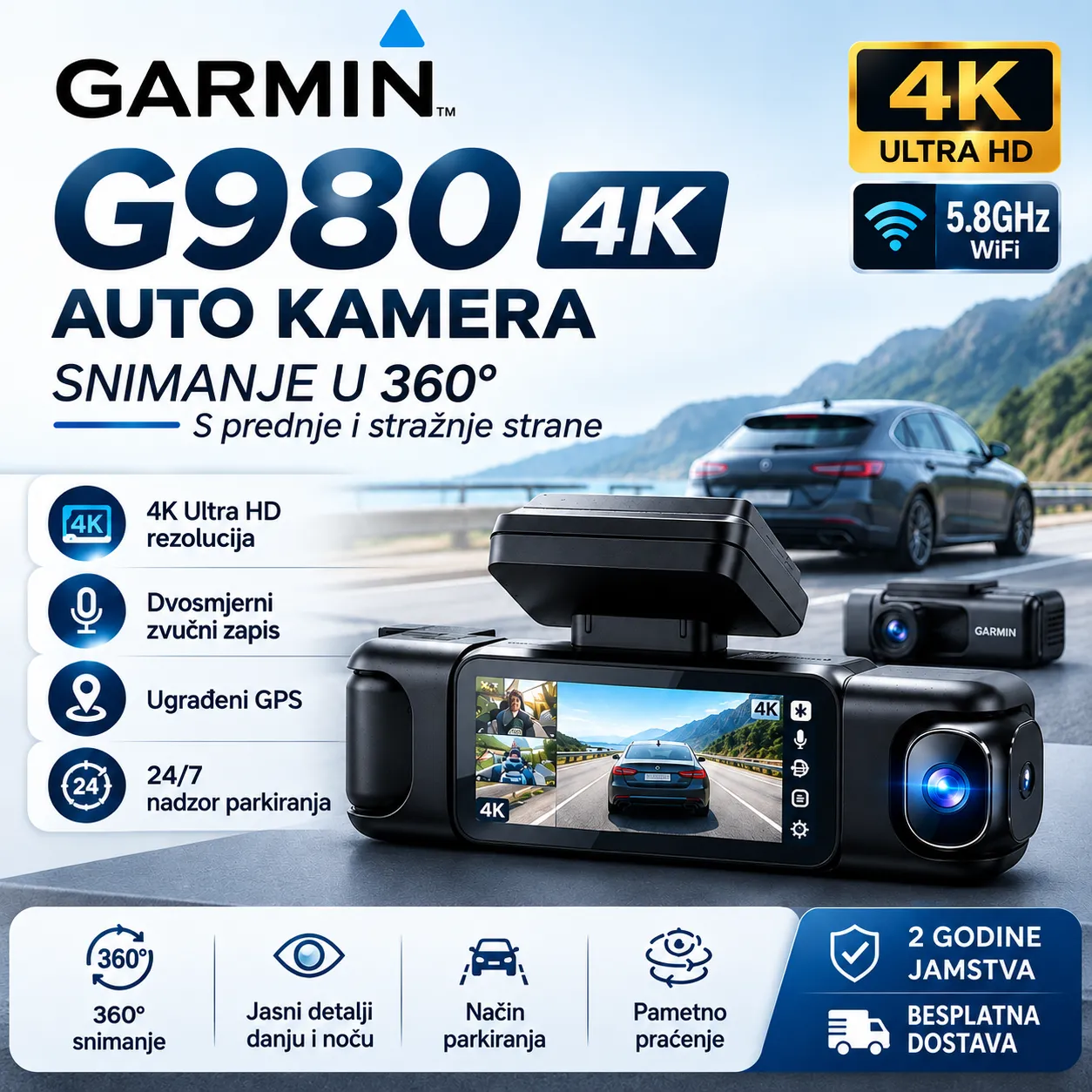 🔥🔥🔥Garmin G980 – 360° 8K pametna auto kamera | AI zaštita, glasovno upravljanje, noćni vid, 4-kamerni sustav + precizno GPS praćenje za potpunu sigurnost u vožnji🔥🔥🔥