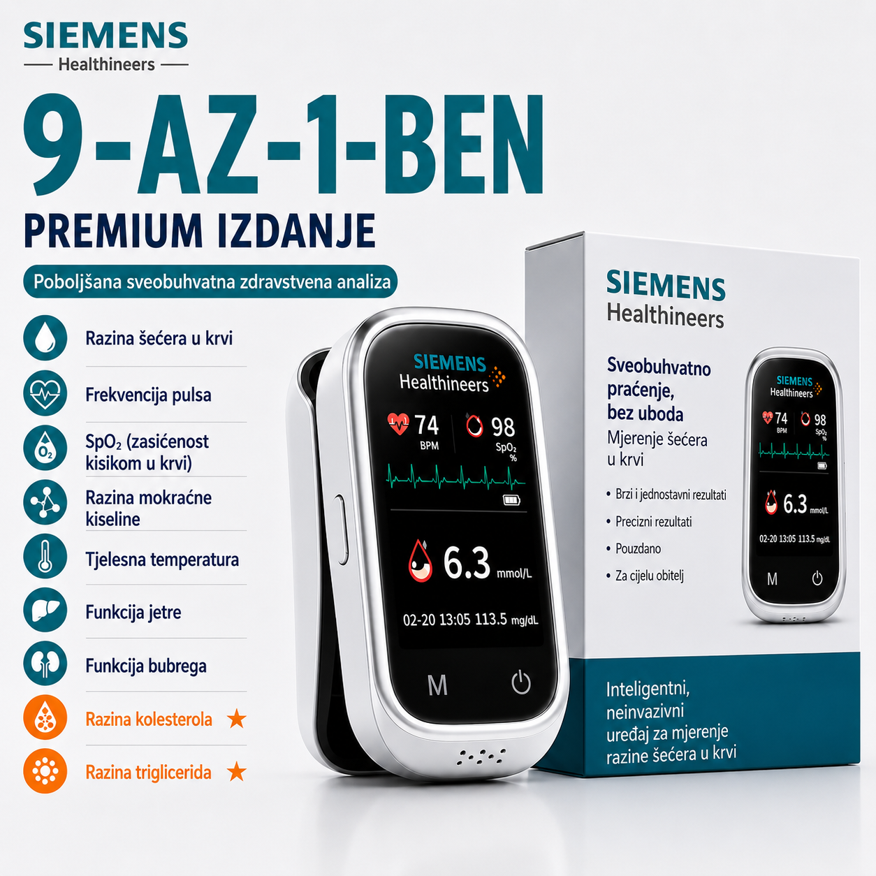 🩸 Siemens™ 11 u 1 mjerač glukoze u krvi bez uboda Bez uboda • Bez test traka • Rezultati za samo 5 sekundi