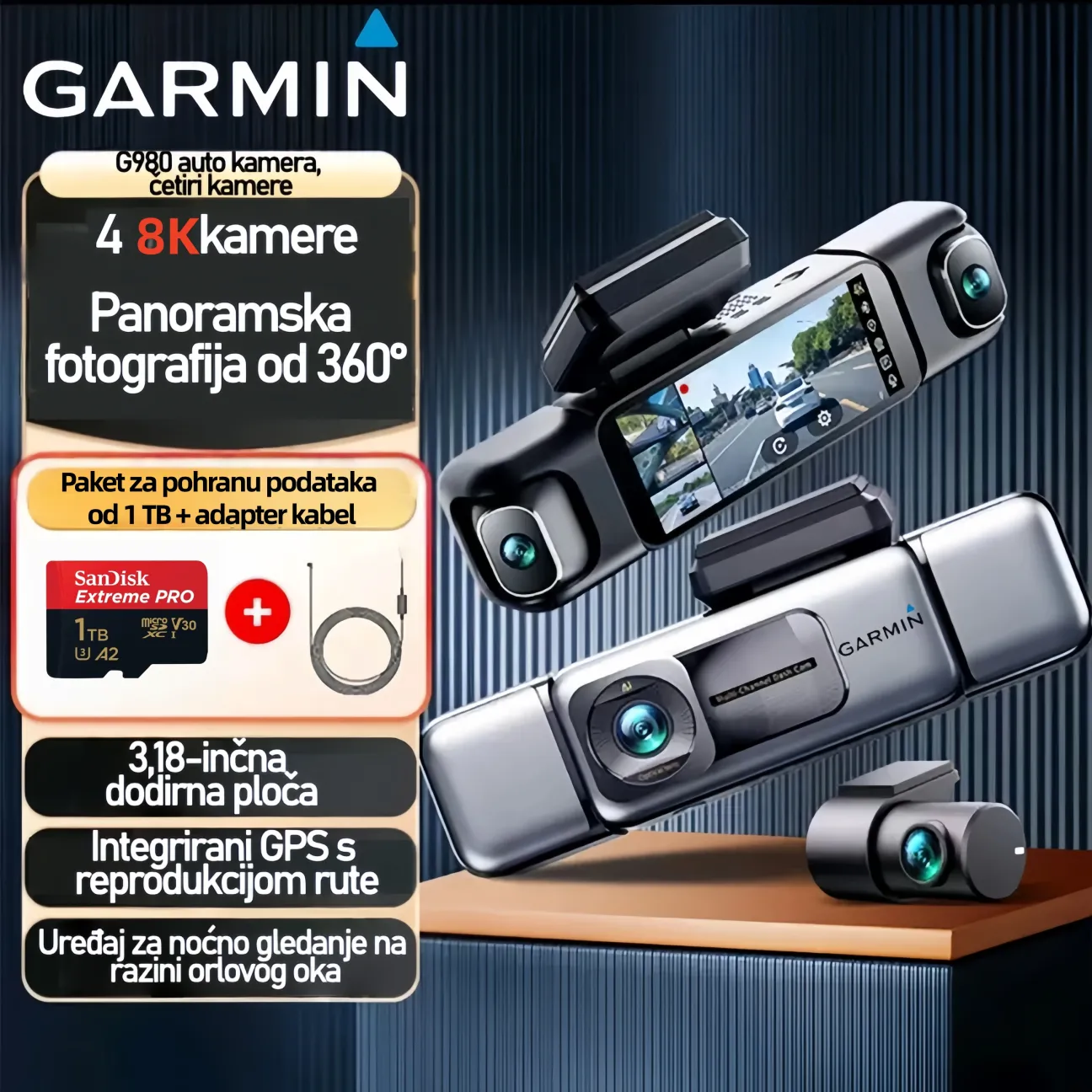 🔥🔥🔥Garmin G980 – 360° 8K pametna auto kamera | AI zaštita, glasovno upravljanje, noćni vid, 4-kamerni sustav + precizno GPS praćenje za potpunu sigurnost u vožnji🔥🔥🔥