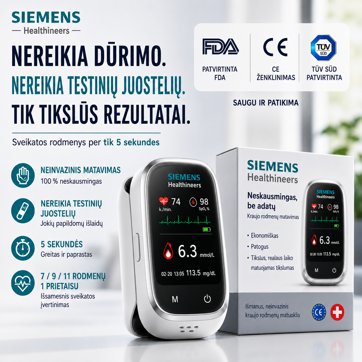 🩸 Siemens™ 11 viename bekraujis gliukozės matuoklis   Be dūrio • Be testavimo juostelių • Rezultatas vos per 5 sekundes