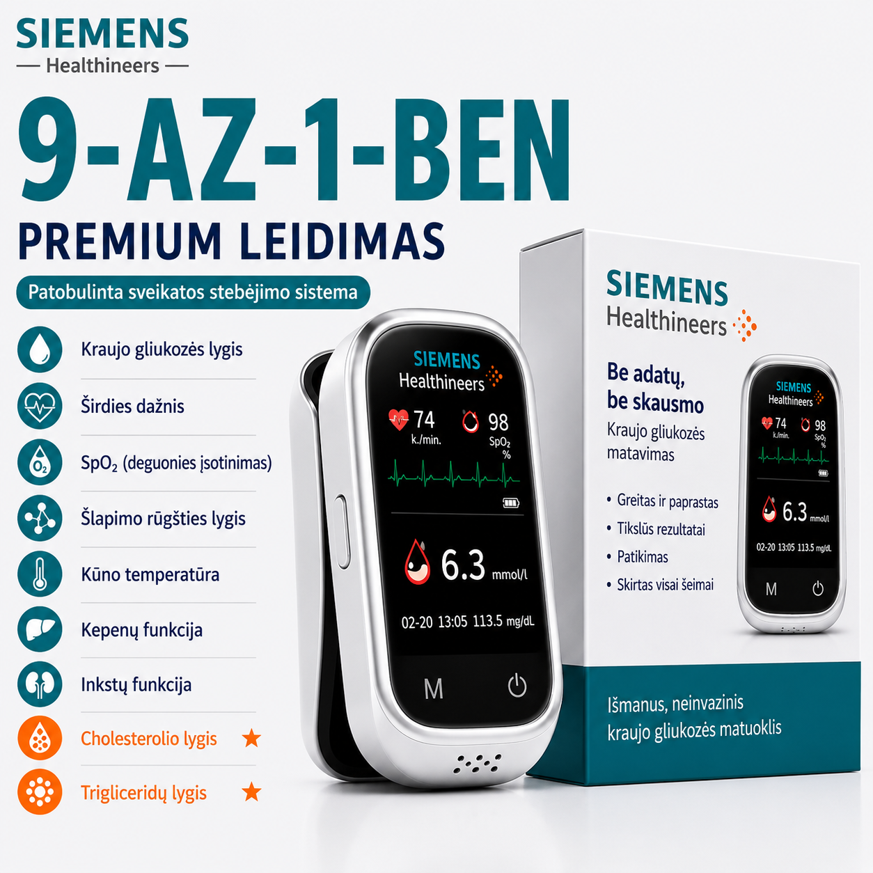 🩸 Siemens™ 11 viename bekraujis gliukozės matuoklis   Be dūrio • Be testavimo juostelių • Rezultatas vos per 5 sekundes