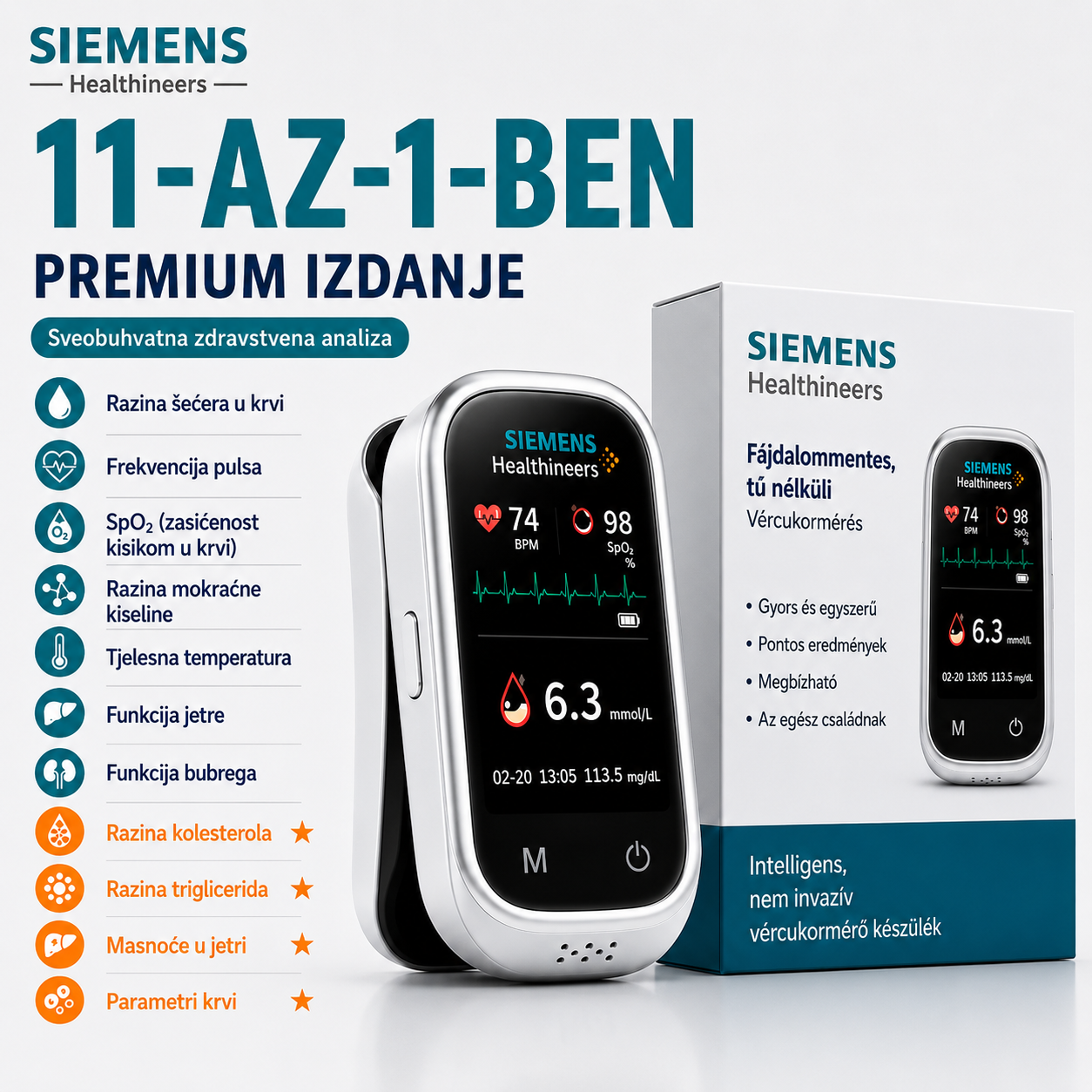 🩸 Siemens™ 11 u 1 mjerač glukoze u krvi bez uboda Bez uboda • Bez test traka • Rezultati za samo 5 sekundi