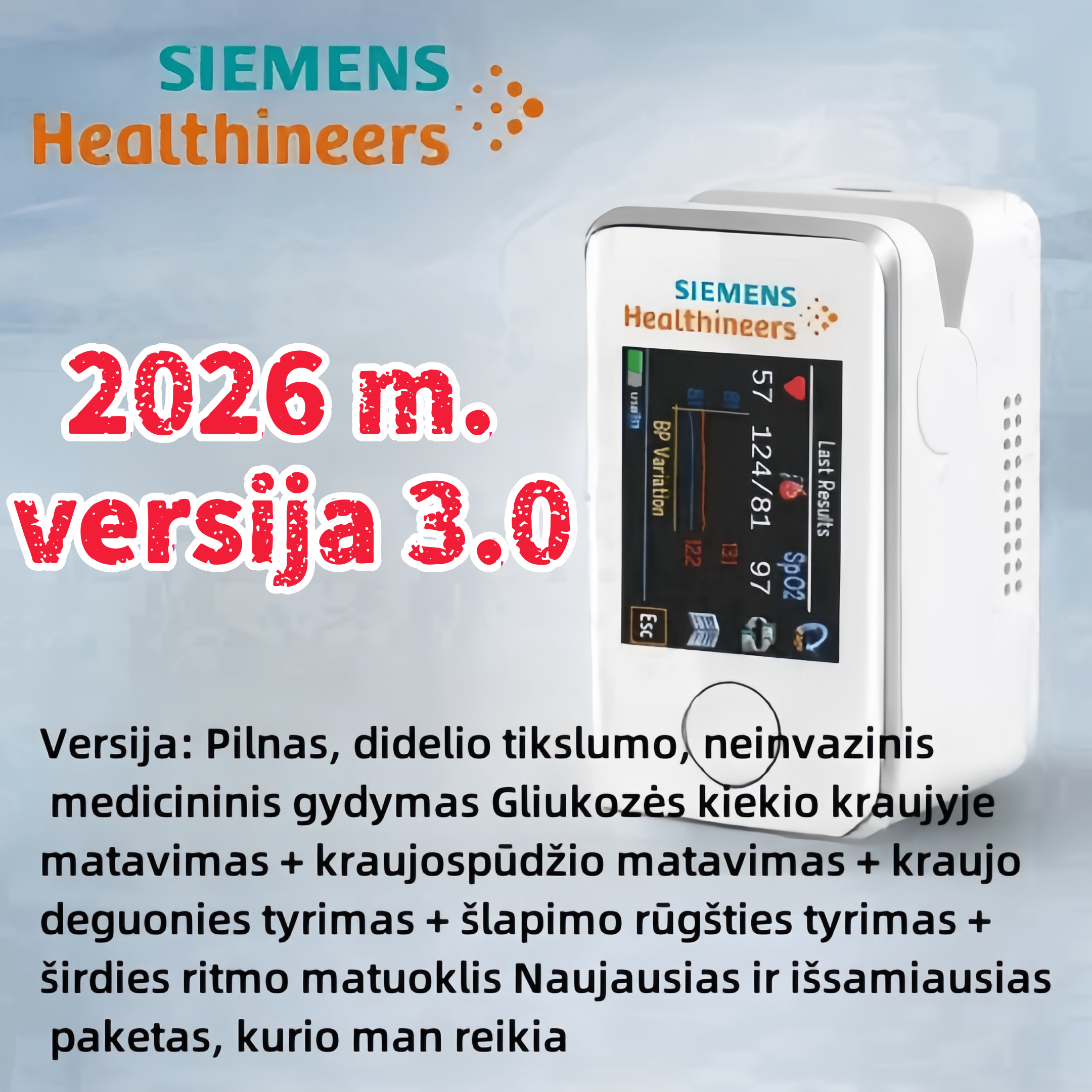 Naujausias „Siemens“ neinvazinis daugiafunkcis gliukozės matuoklis (be adatų / 5 sekundžių matavimas / 99% tikslumas)