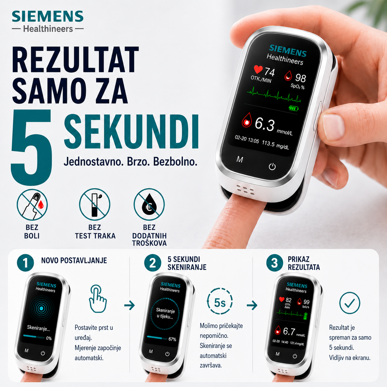 🩸 Siemens™ 11 u 1 mjerač glukoze u krvi bez uboda Bez uboda • Bez test traka • Rezultati za samo 5 sekundi