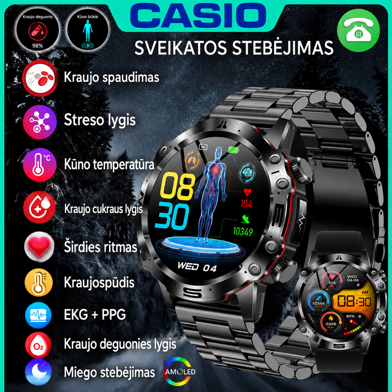 CASIO AI ORVOSI DIAGNOSZTIKÁS OKOSÓRA - 2025 ÚJ VÉRLIPIDEK, HÚGYSAV, VÉRGLUKOZ SZINT - EKG+PPG FITNESZKÖVETŐ