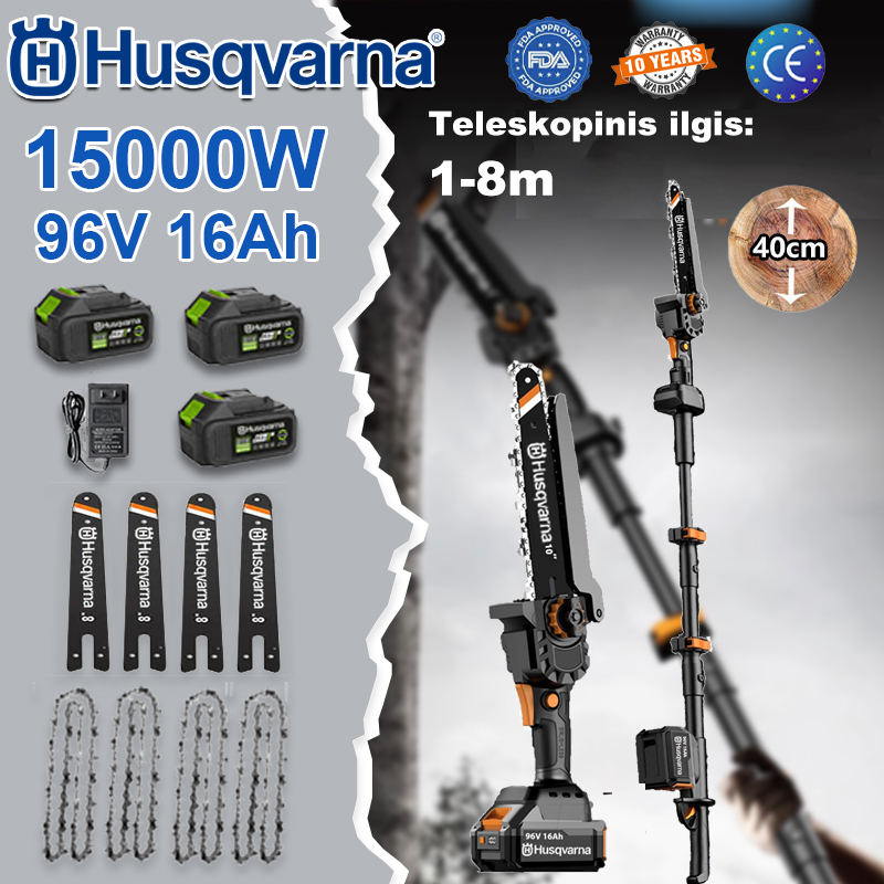 Husqvarna 15000 W ličio akumuliatoriaus nešiojamasis grandininis pjūklas / aukštas šakų pjūklas su i