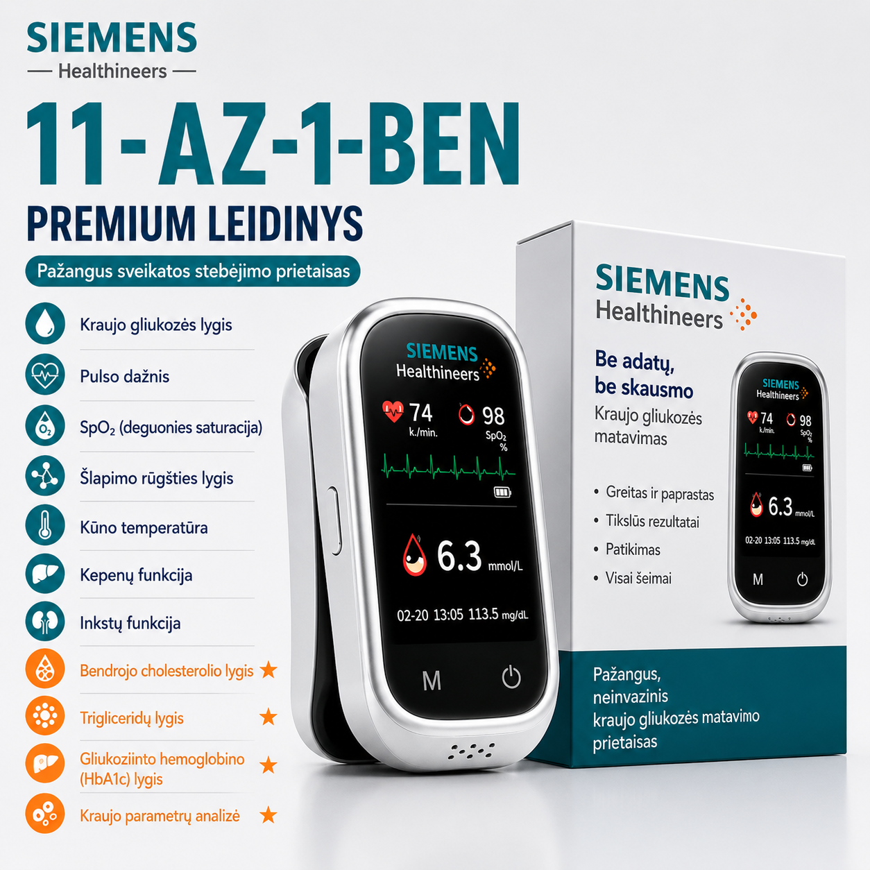 🩸 Siemens™ 11 viename bekraujis gliukozės matuoklis   Be dūrio • Be testavimo juostelių • Rezultatas vos per 5 sekundes