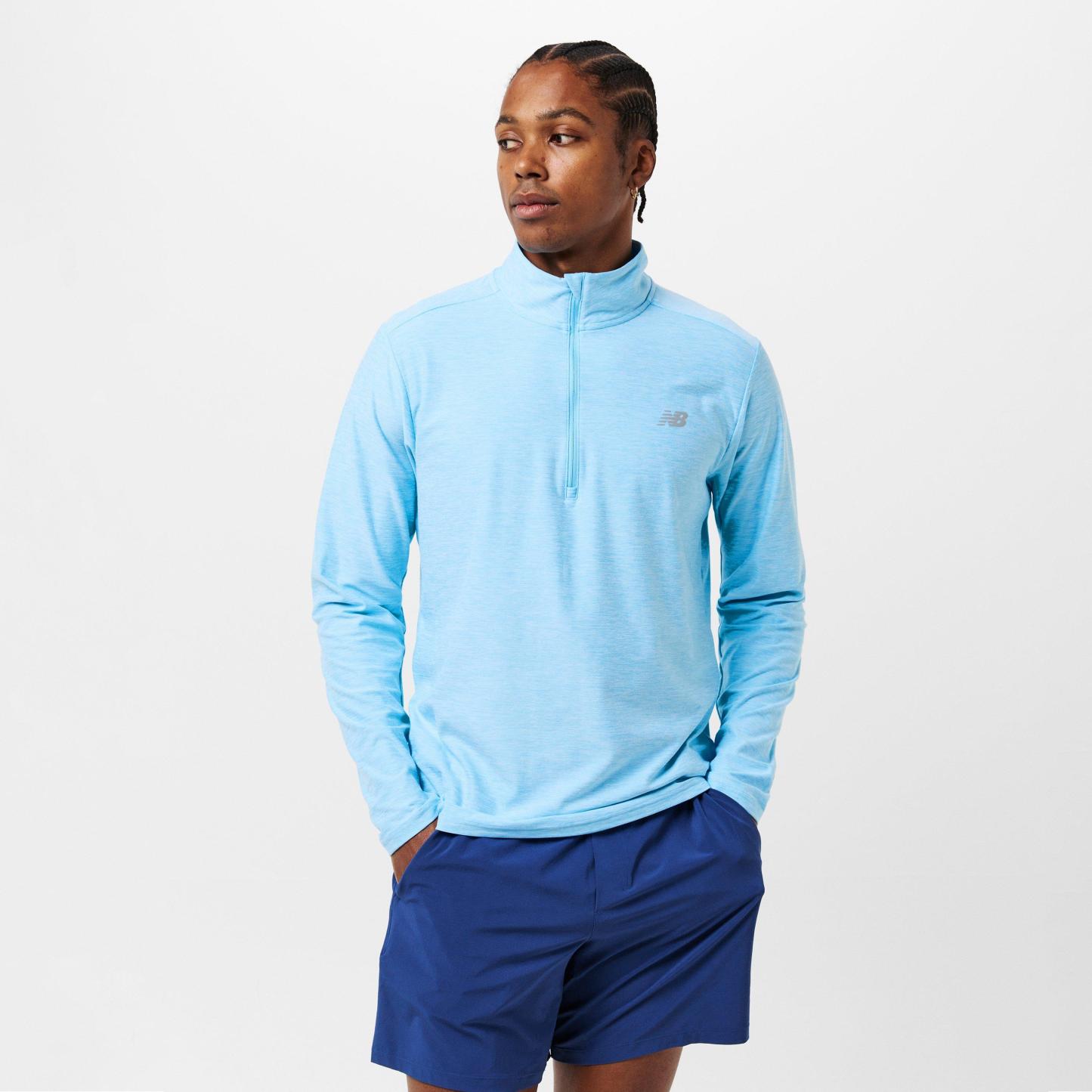 New Balance Men's Space Dye Quarter-Zip Long-Sleeve Performance Gym Top Sky Blue