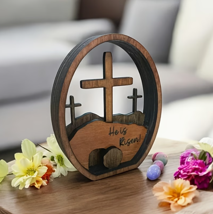 🌿 Easter Resurrection Wooden Cross Decor
