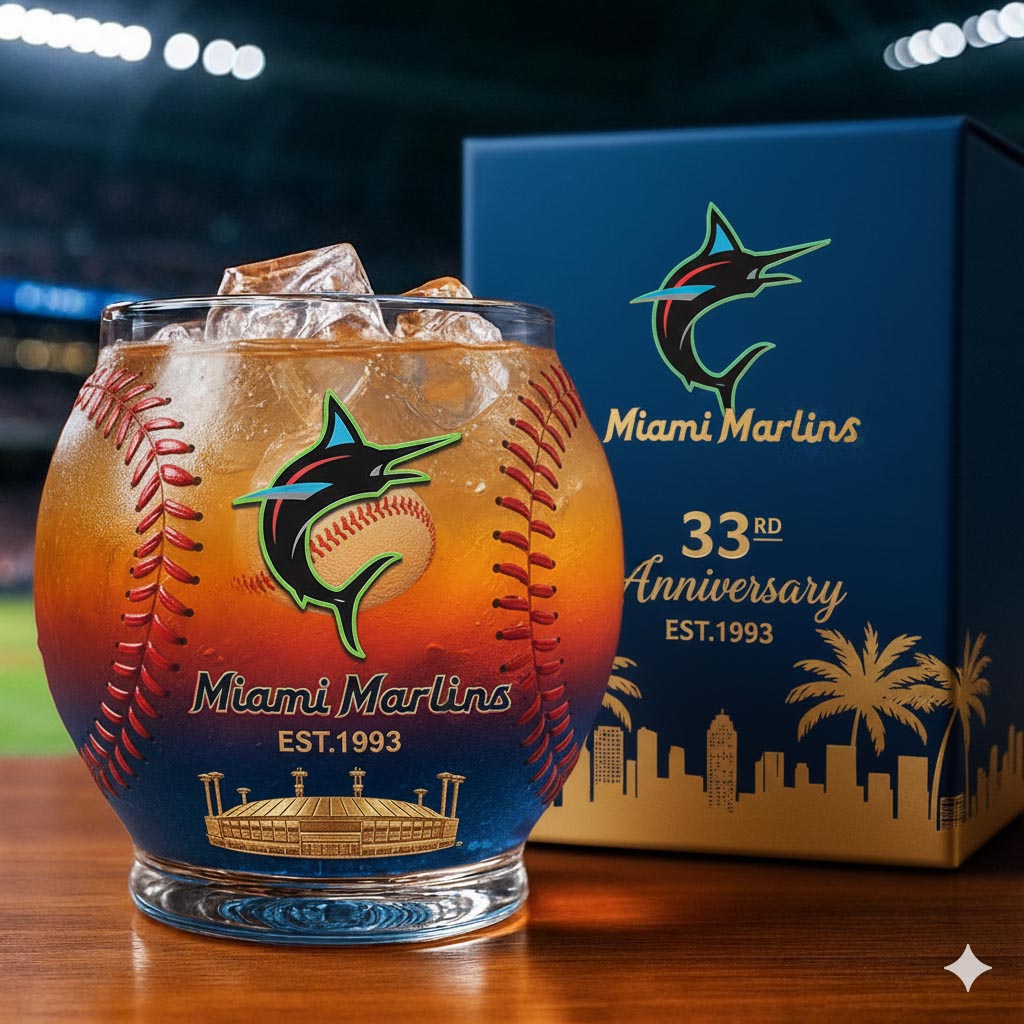 Miami Marlins 33rd Anniversary Whiskey Glass 