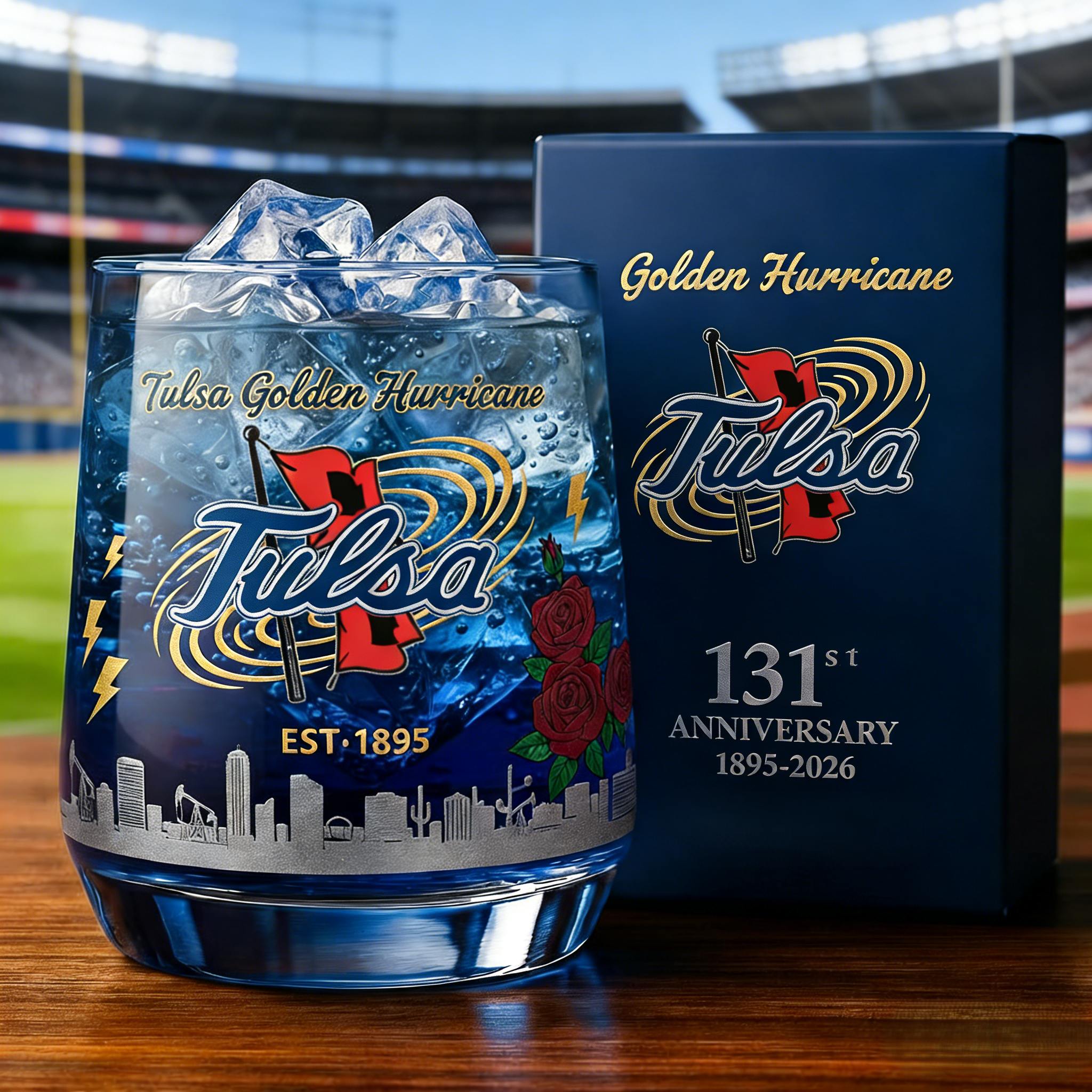Tulsa Golden Hurricane football 131st Anniversary Whiskey Glass