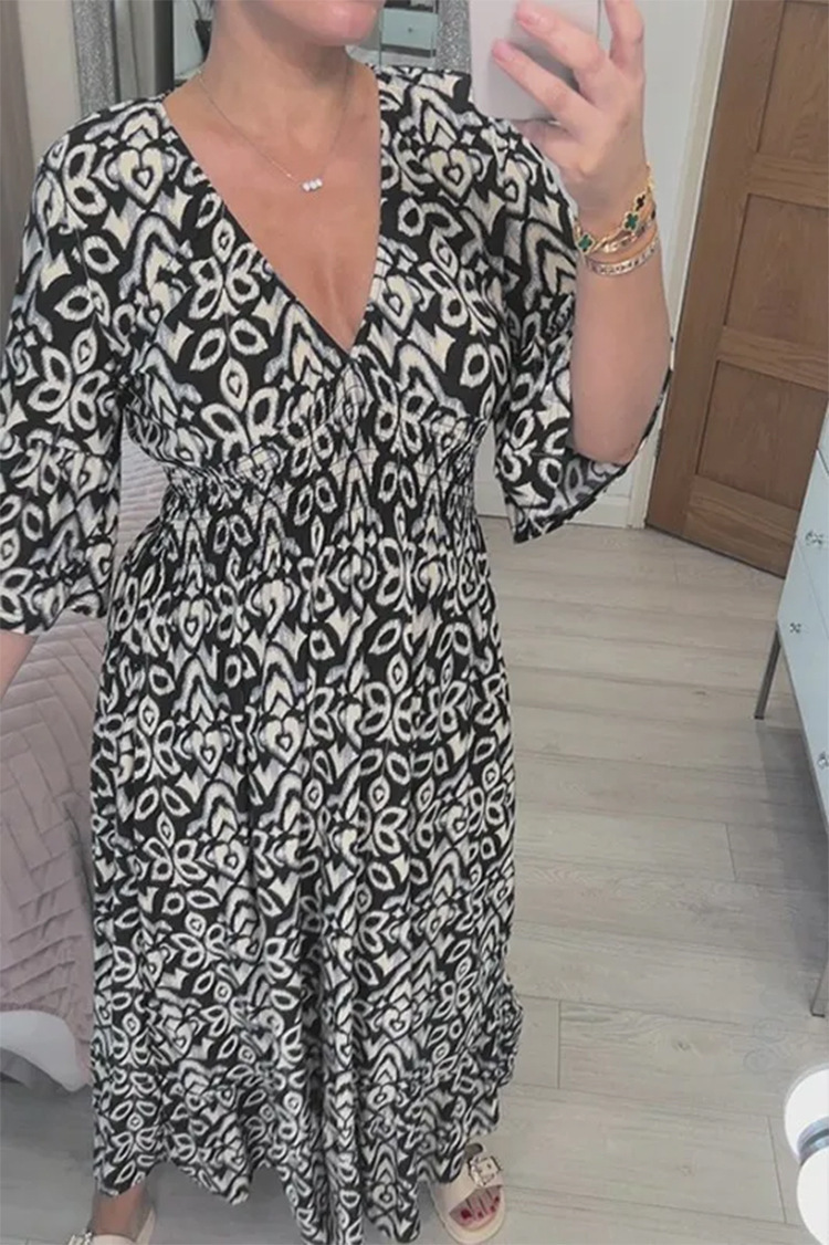 Casual Print V-neck Long Dress