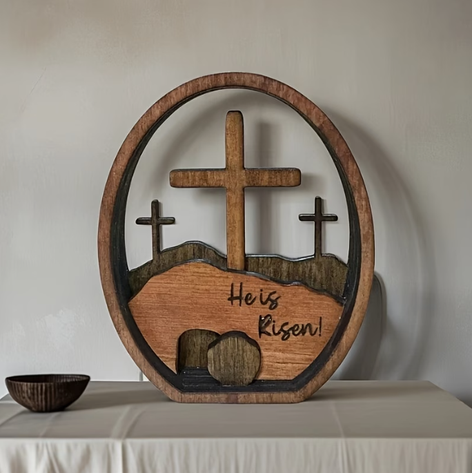 🌿 Easter Resurrection Wooden Cross Decor