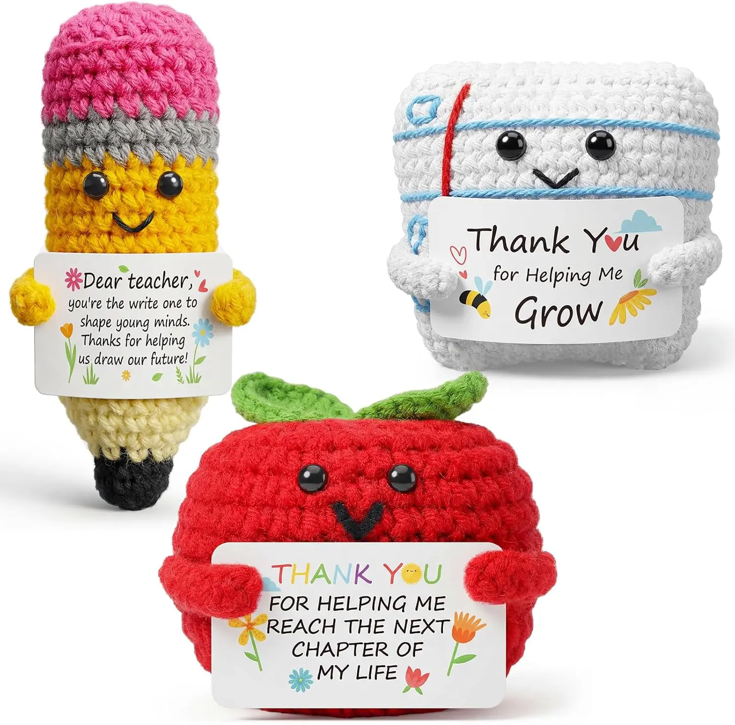 3pcs Crochet Figures Teacher Appreciation Gifts Handmade Crochet Figures Cute Pencil Apple with Inspirational Quotes Thank You Teacher Emotional Suppprt Gifts for School Teacher for Helping Me Grow, End of Year Gifts for Women Men
