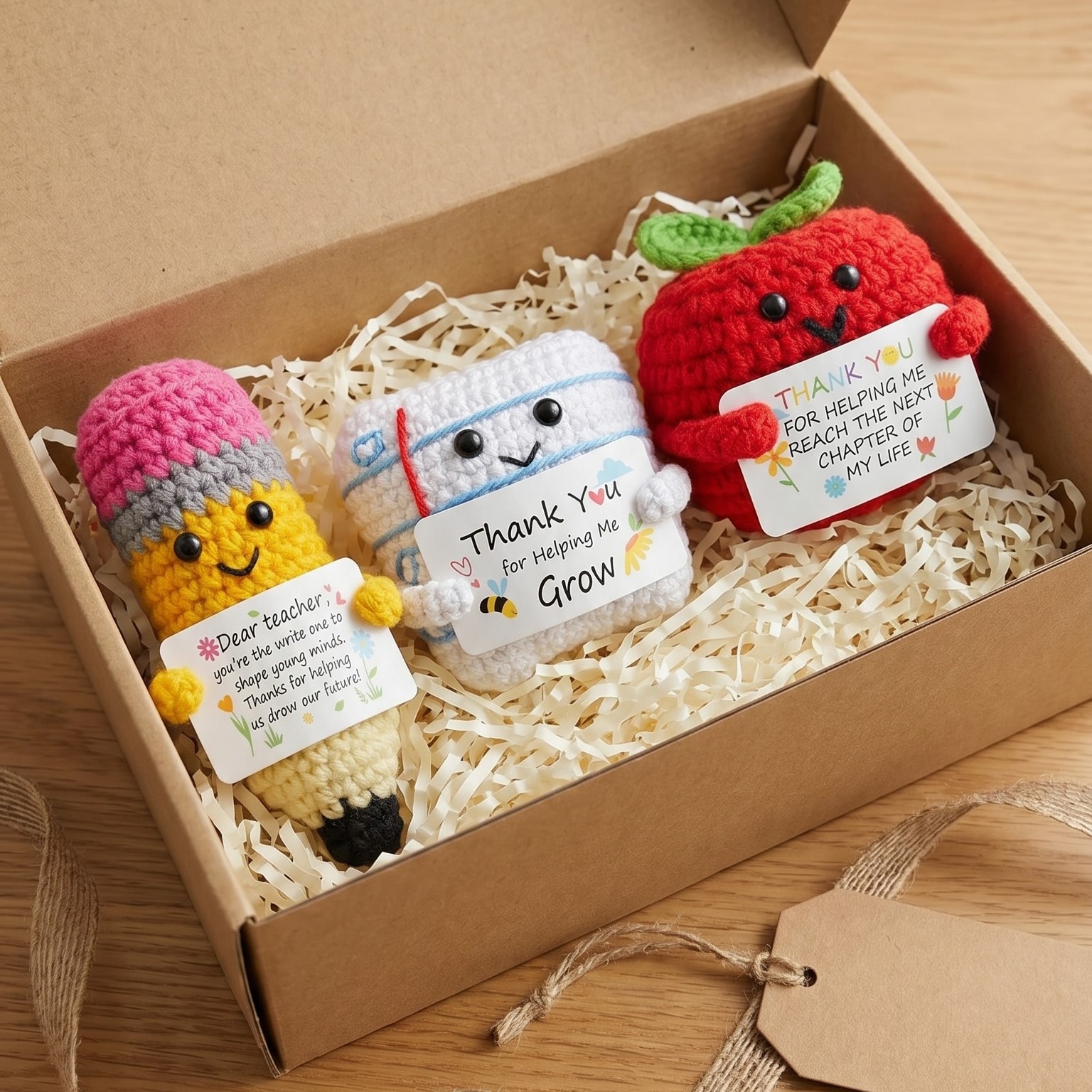 3pcs Crochet Figures Teacher Appreciation Gifts Handmade Crochet Figures Cute Pencil Apple with Inspirational Quotes Thank You Teacher Emotional Suppprt Gifts for School Teacher for Helping Me Grow, End of Year Gifts for Women Men