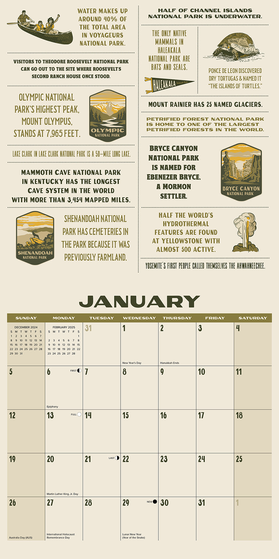 📅2025 National Park Trivia Wall Calendar