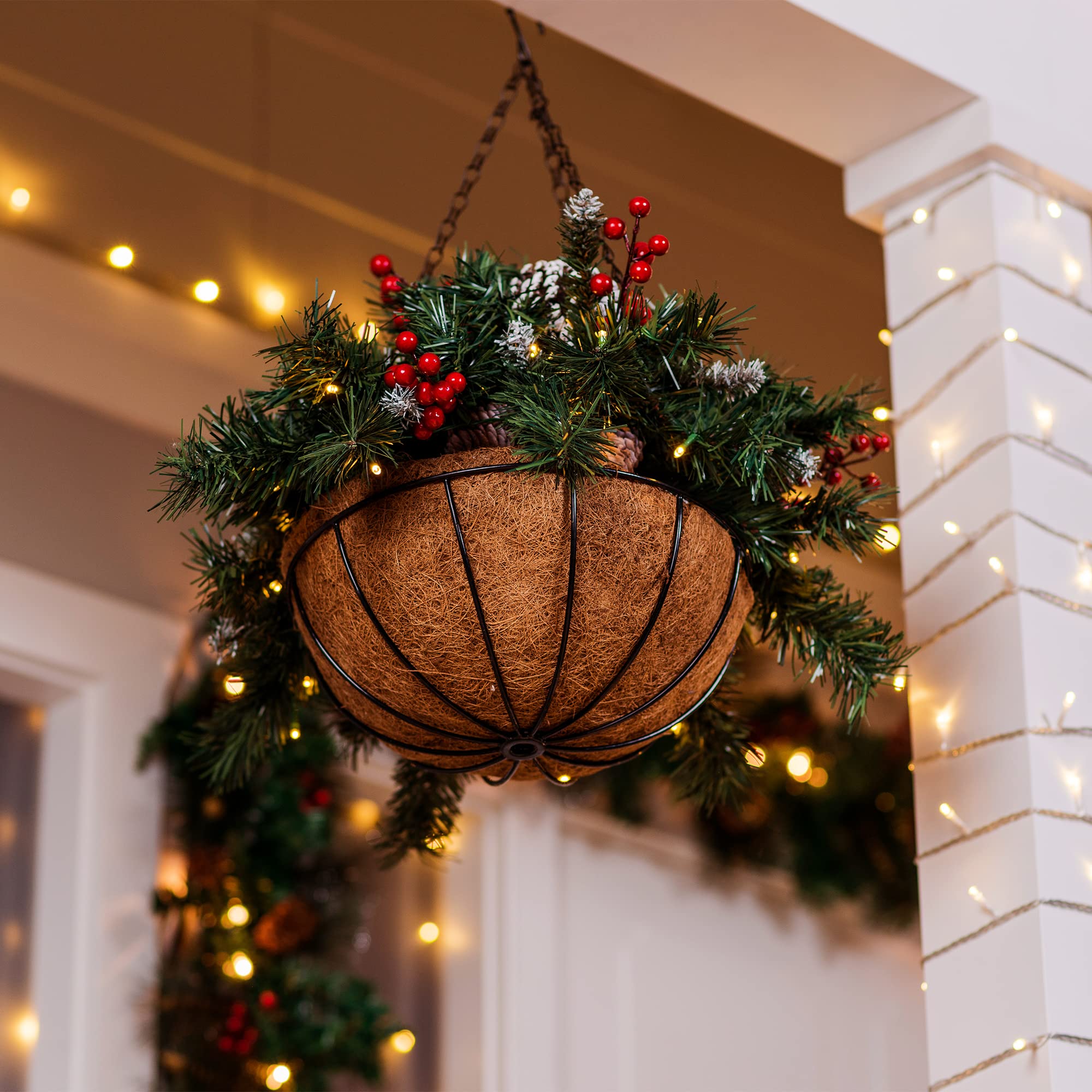 🎄Christmas Hanging Basket - Flocked with Mixed Decorations and White LED Lights - Frosted Berry