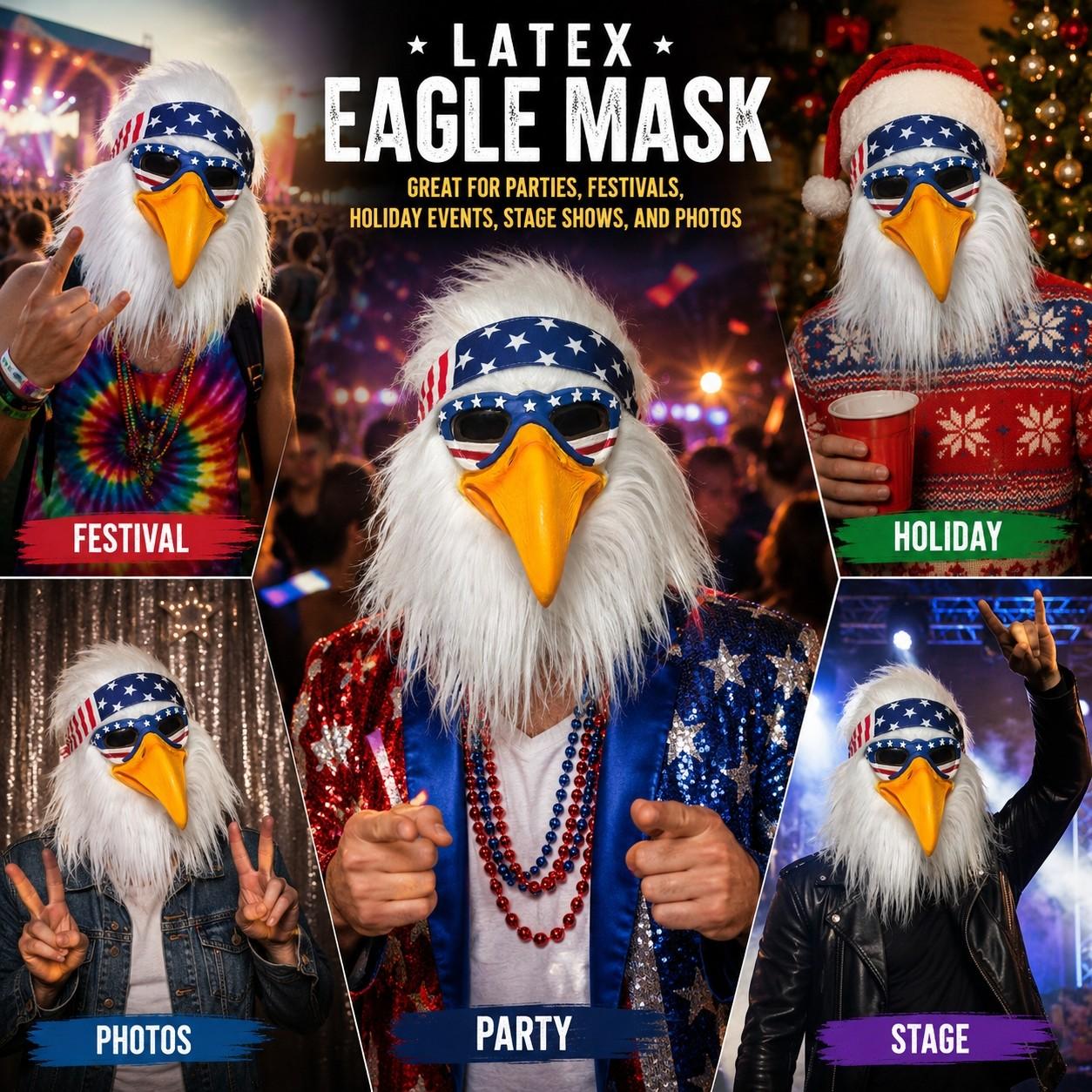 Latex Eagle Mask with American Flag Headband, Realistic Bird Head Mask for Halloween, Cosplay Costume, Freedom Party Supplies, Party Accessories Latex Eagle Mask with American Flag Headband, Realistic Bird Head Mask for Halloween, Cosplay Costume, Freedom Party Supplies, Party Accessories