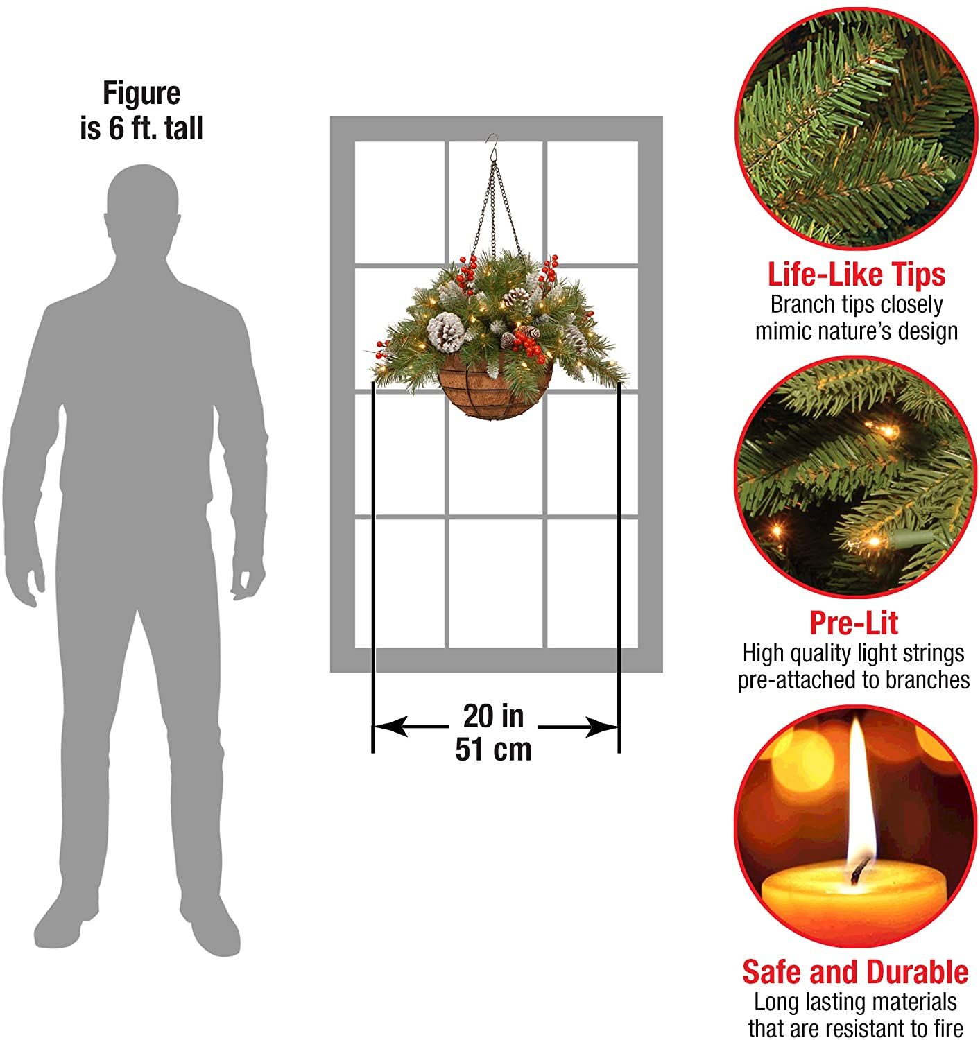 🎄Christmas Hanging Basket - Flocked with Mixed Decorations and White LED Lights - Frosted Berry