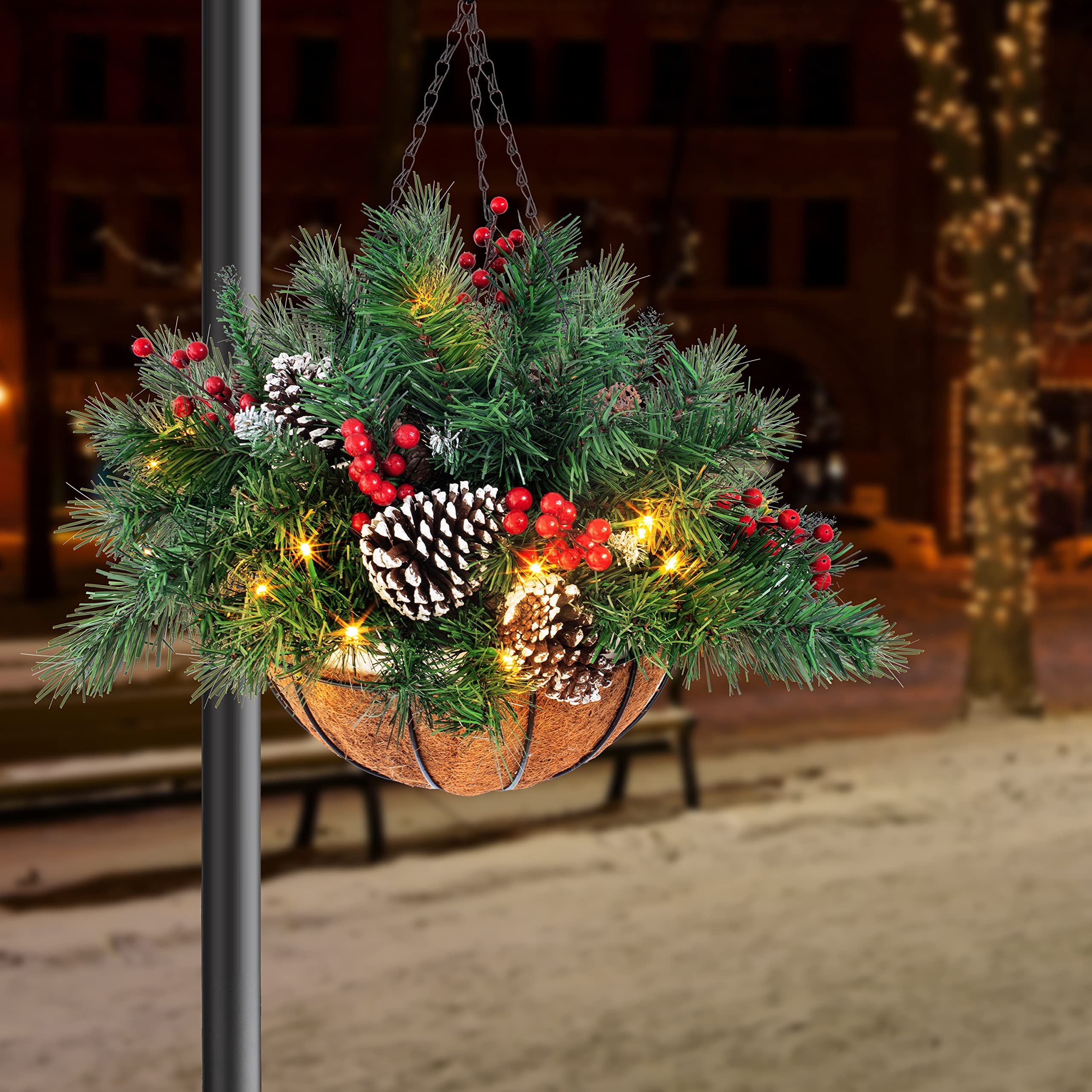 🎄Christmas Hanging Basket - Flocked with Mixed Decorations and White LED Lights - Frosted Berry