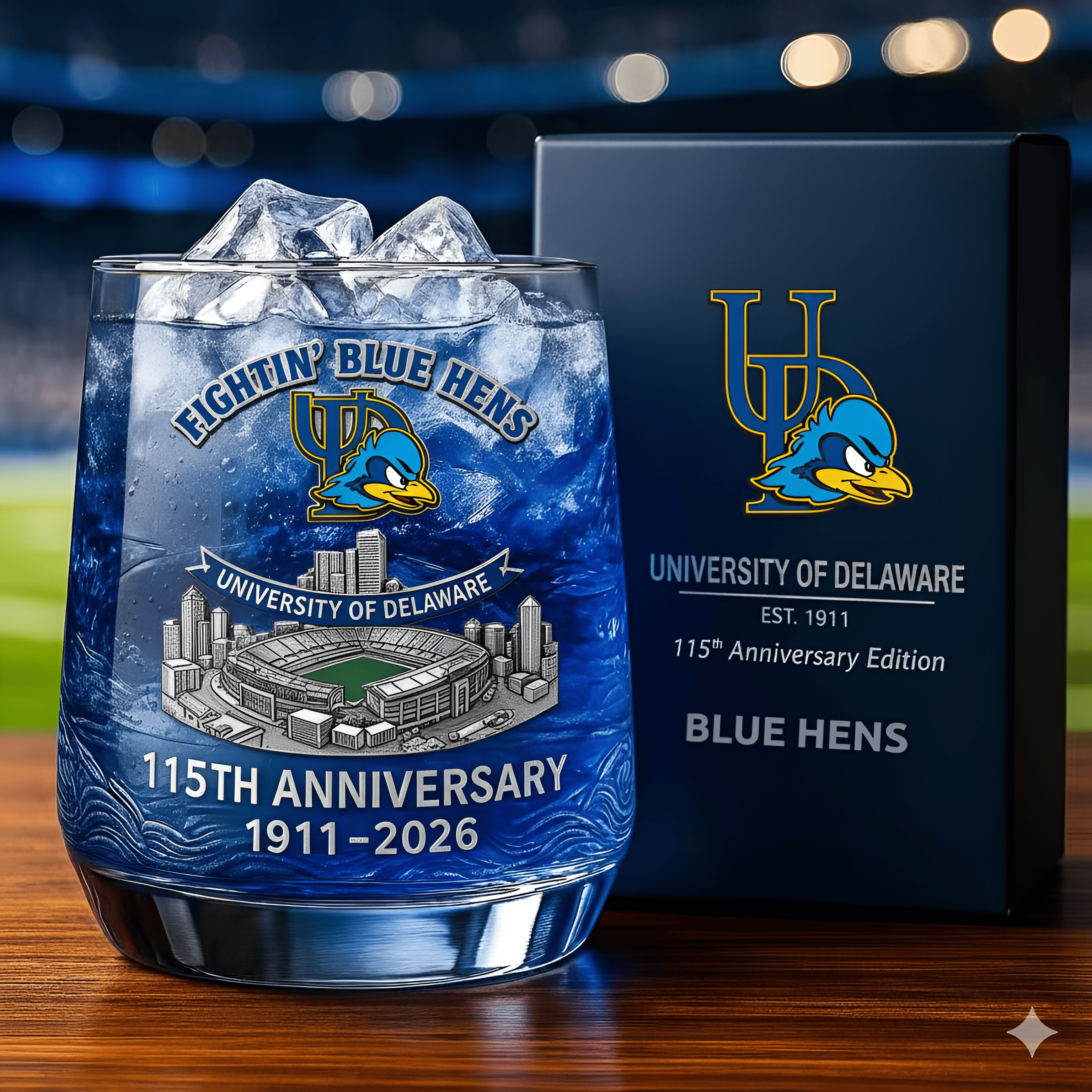 University of Delaware Blue Hens 115th Anniversary Whiskey Glass