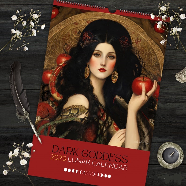 Dark Goddess NEW! Moon Phase Calendar 2025, large black wall Calendar