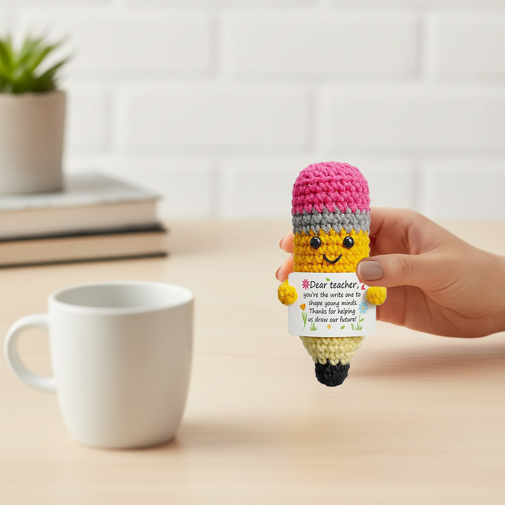 3pcs Crochet Figures Teacher Appreciation Gifts Handmade Crochet Figures Cute Pencil Apple with Inspirational Quotes Thank You Teacher Emotional Suppprt Gifts for School Teacher for Helping Me Grow, End of Year Gifts for Women Men
