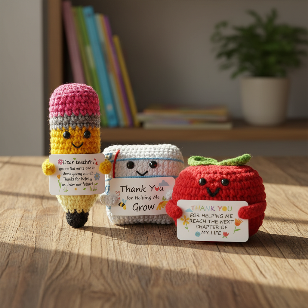 3pcs Crochet Figures Teacher Appreciation Gifts Handmade Crochet Figures Cute Pencil Apple with Inspirational Quotes Thank You Teacher Emotional Suppprt Gifts for School Teacher for Helping Me Grow, End of Year Gifts for Women Men