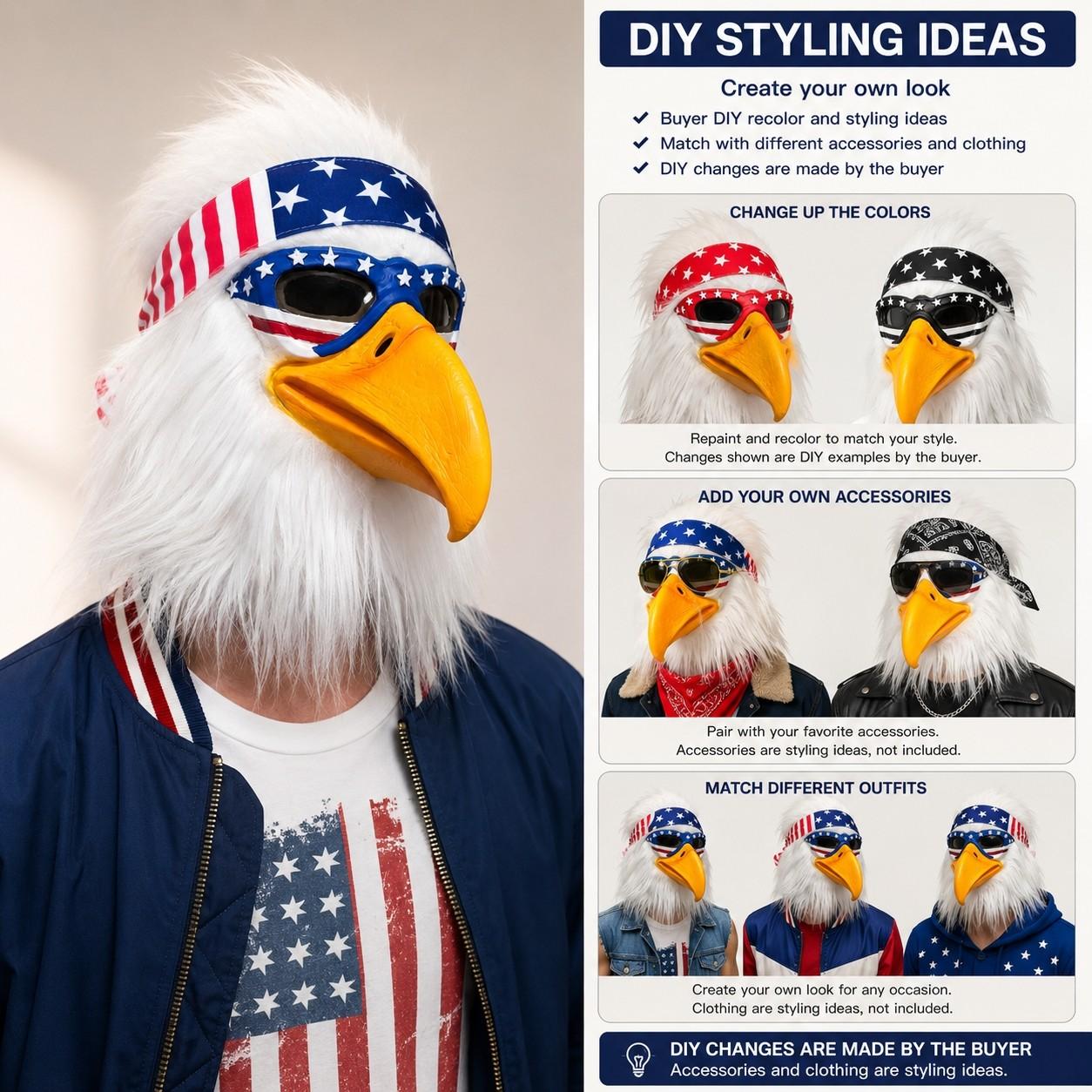 Latex Eagle Mask with American Flag Headband, Realistic Bird Head Mask for Halloween, Cosplay Costume, Freedom Party Supplies, Party Accessories Latex Eagle Mask with American Flag Headband, Realistic Bird Head Mask for Halloween, Cosplay Costume, Freedom Party Supplies, Party Accessories
