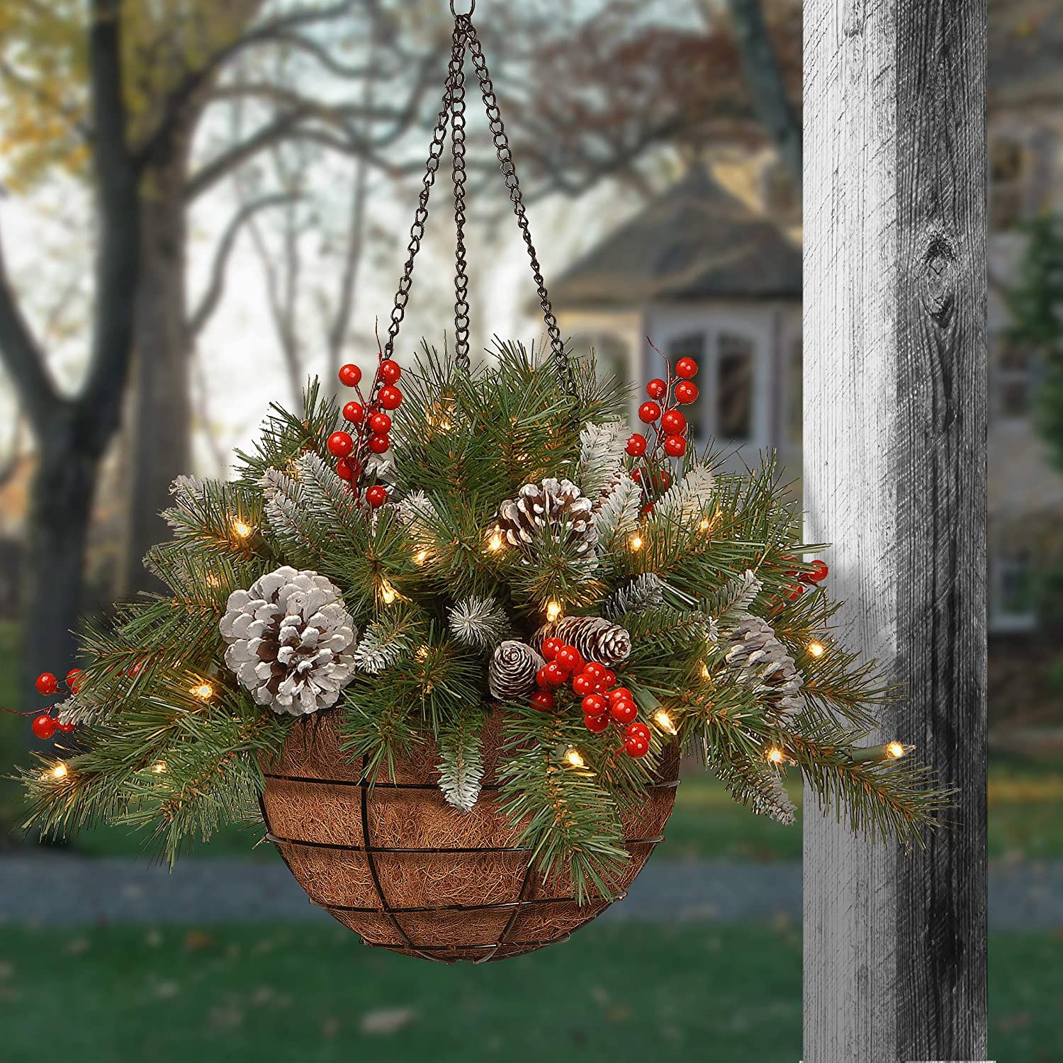 🎄Christmas Hanging Basket - Flocked with Mixed Decorations and White LED Lights - Frosted Berry