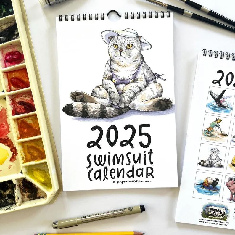 📅2025 Funny Animal Swimsuit Illustration Wall Calendar