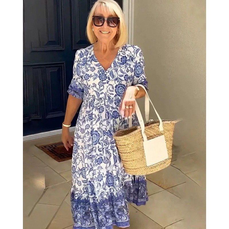2024 New Large Size V-Neck Floral Dress