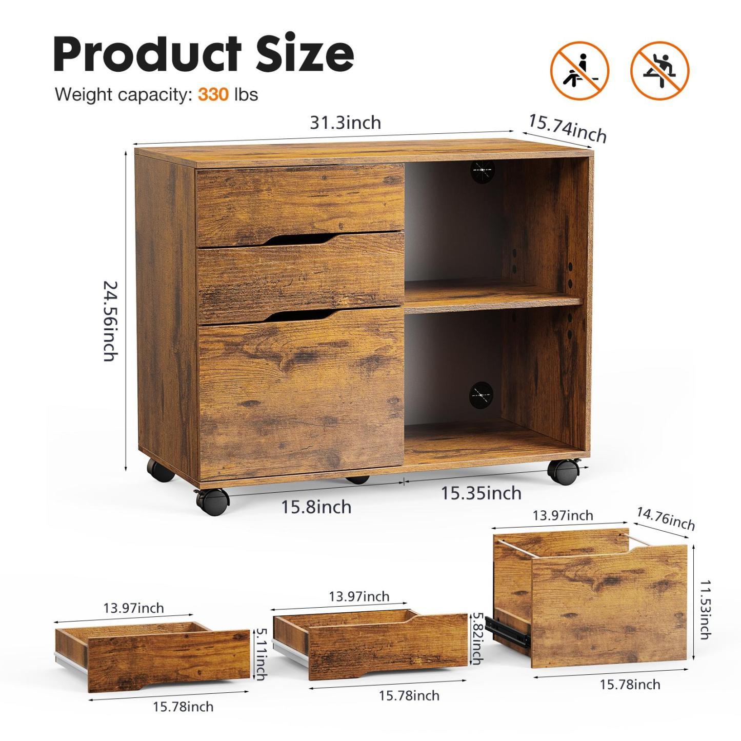 3 Drawer Filing Cabinet Wood Printer Stand with Storage Office Organize Cabinets with Wheels