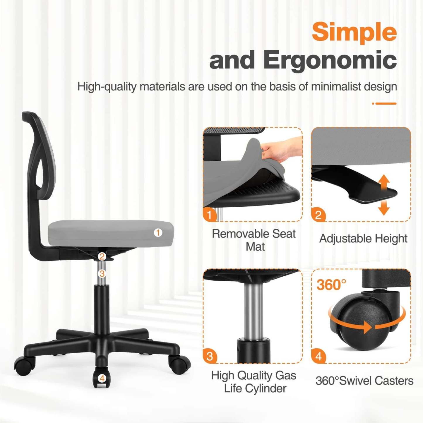 Armless Mesh Office Chair, Ergonomic Computer Desk Chair