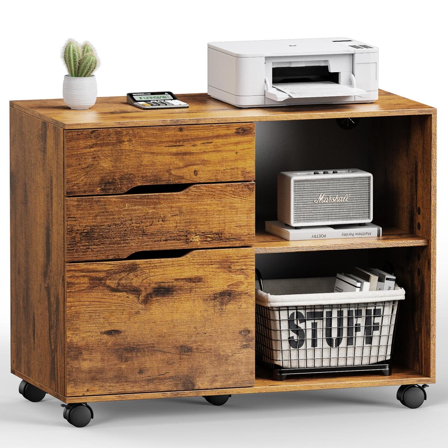 3 Drawer Filing Cabinet Wood Printer Stand with Storage Office Organize Cabinets with Wheels