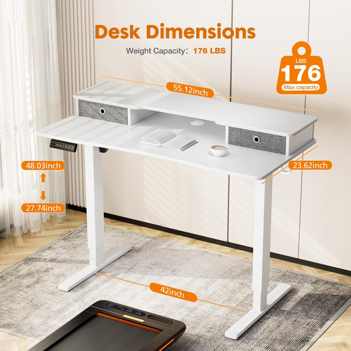 Height Adjustable Electric Standing Desk with Storage Shelf Double Drawer